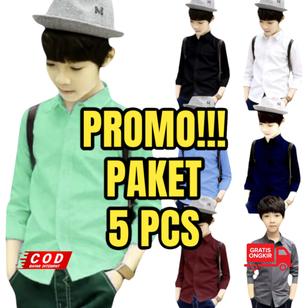 PAKET 5 PCS Kemeja Anak Laki Laki Umur 1-10 Tahun Lengan Panjang Baju Anak Cowok Keren Kekinian