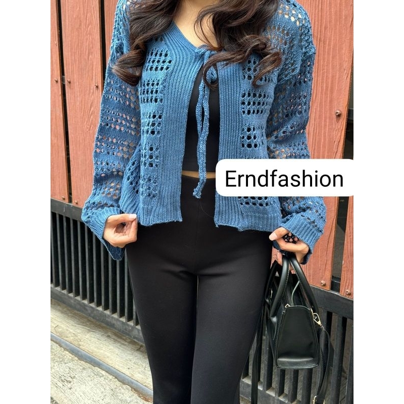 Arumi Outer crop cardigan jaring Knitwear tali Atasan wanita Knitwear kekinian