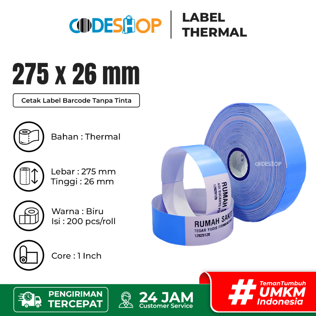 

Stiker Label Thermal 275x26mm 1 Line isi 200 Pcs Gelang pasien Biru