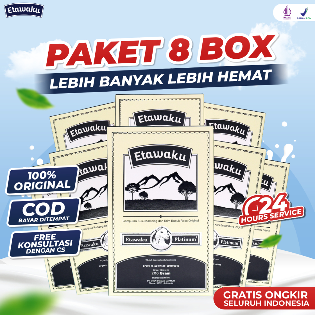 

ETAWAKU PLATINUM PAKET 8 BOX - SUSU ETAWAKU PLATINUM SUSU KAMBING ETAWA ASLI TANPA BAHAN PENGAWET DAN PEMANIS BUATAN MEMBANTU MENGATASI MASALAH PERNAFASAN DAN PERSENDIAN PADA TUBUH ASLI RESMI TERDAFTAR BPOM DAN MUI