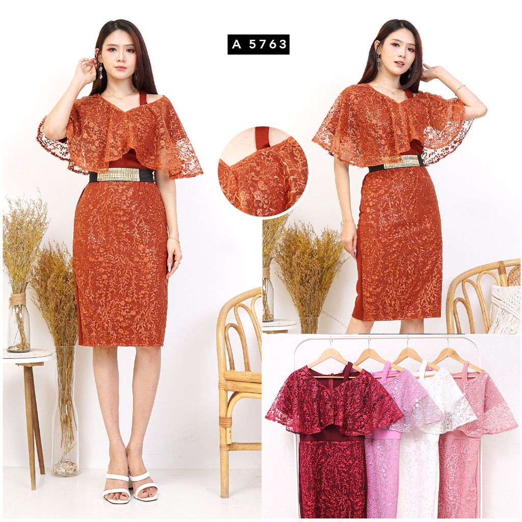 # 5763, DRES ROK SPAN BAHAN SCUBA KOMBINASI TILE SEQUIN BORDIR MUTIARA FREE BELT Dress  Wanita  Pest