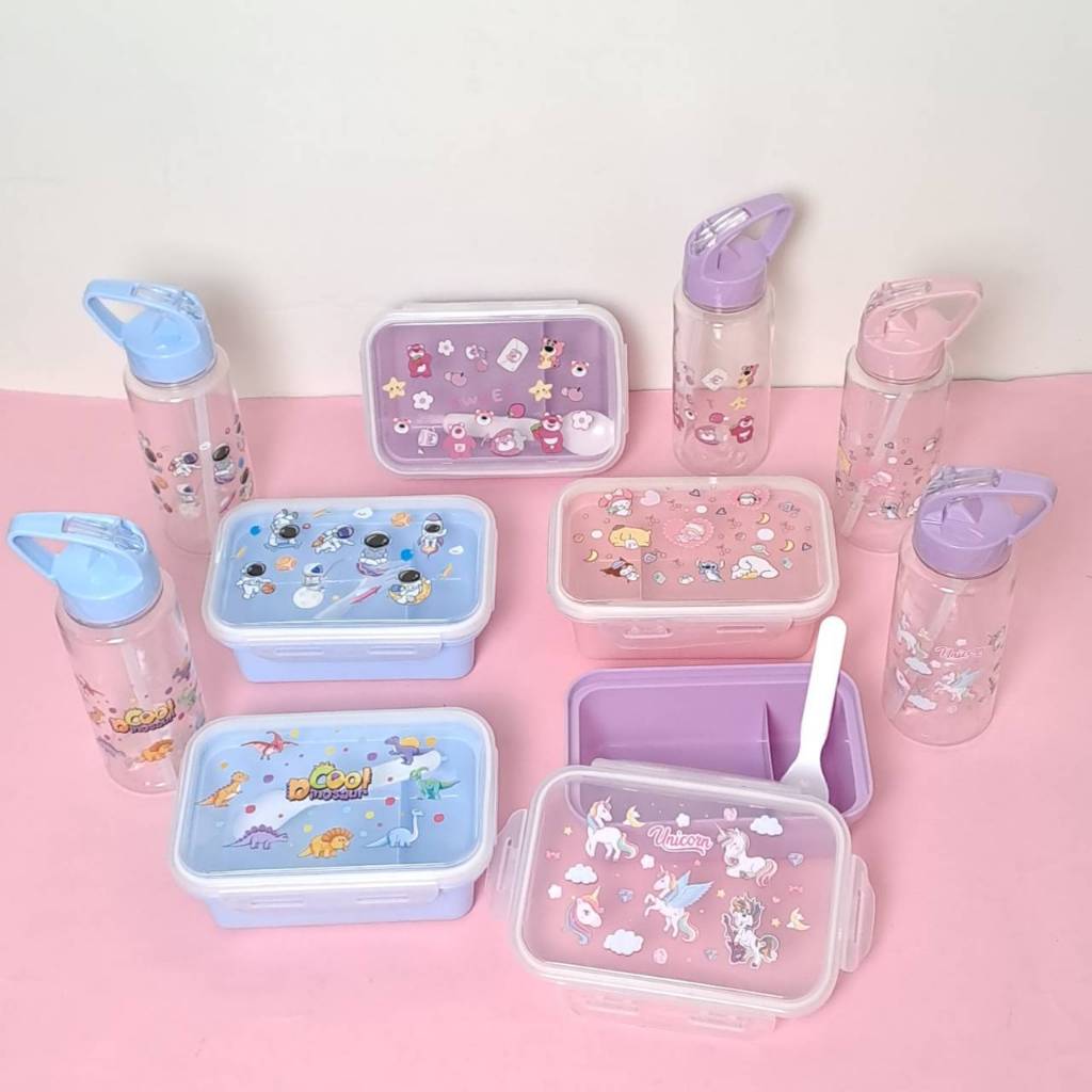 Lunch Box Kotak Makan Set+ Botol Minum Plastik Bening Viral BPA FREE Sanrio Space Bear Lotso Unicorn