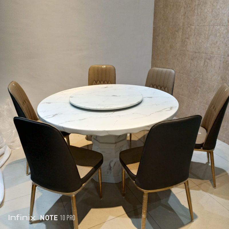 Meja Makan Marmer Bulat 6 Kursi Jok Busa - Rangka Kaki Besi