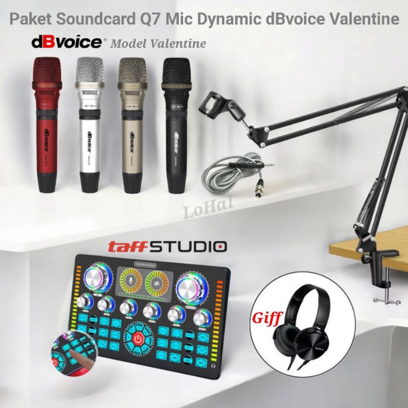 Paket Soundcard Q7 Mic Dynamic dBvoice Valentine Stand Arm Live Streaming Recording