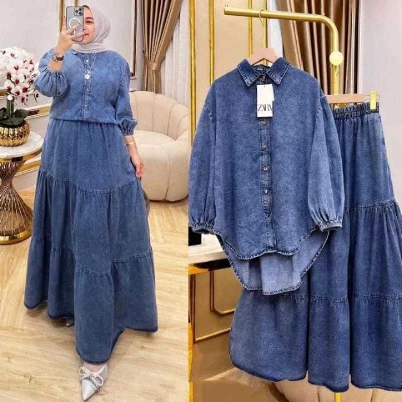 Lena Set Rok Kemeja/Blouse Setelan Rok Kemeja Blouse Jeans  Wanita Jumbo | One Set Rok Kemeja Blouse