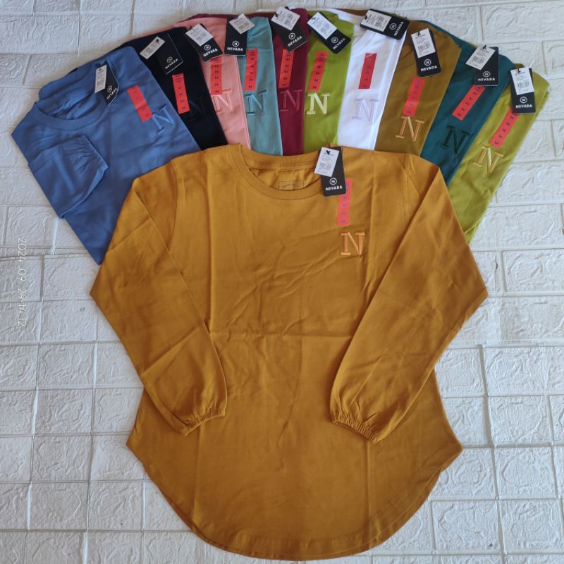 kaos atasan cewek tunik lengan panjang karet oval logo bordir