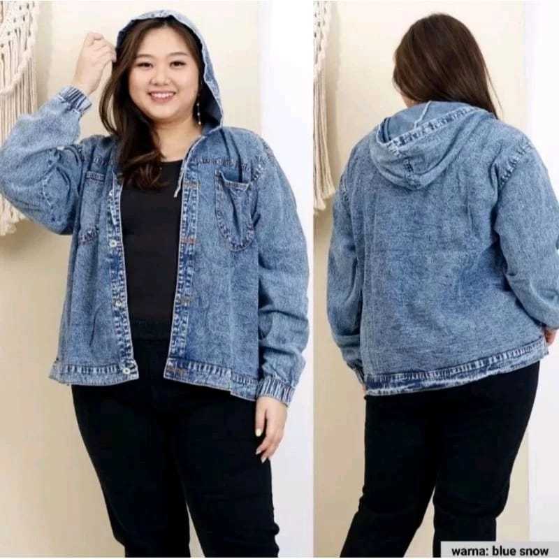 BIG PROMO JAKET JEANS WANITA - JAKET HOODIE JEANS OVERSIZE LD 120CM