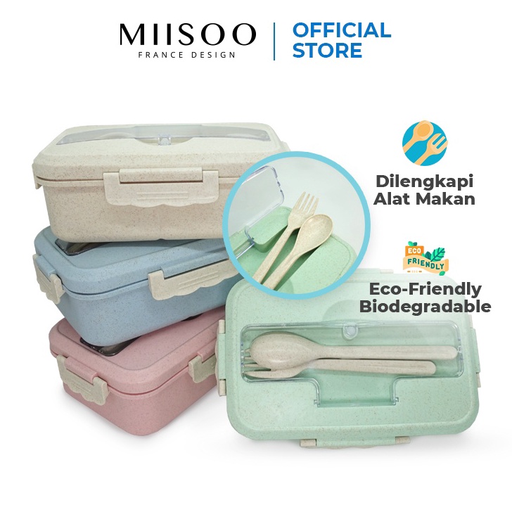 Miisoo Lunch Box Set Kotak Bekal Makan Jerami Gandum kotak makan Anti Tumpah Sendok dan Gau