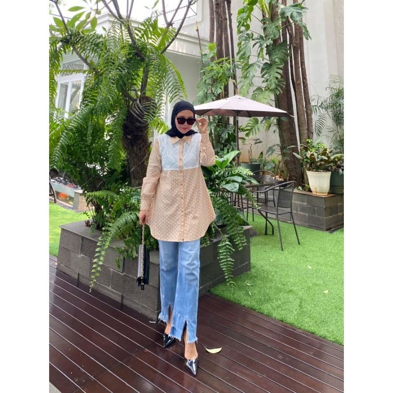 Kemeja katun jepang motif polkadot mix katun bordir ori By Edness Kayla