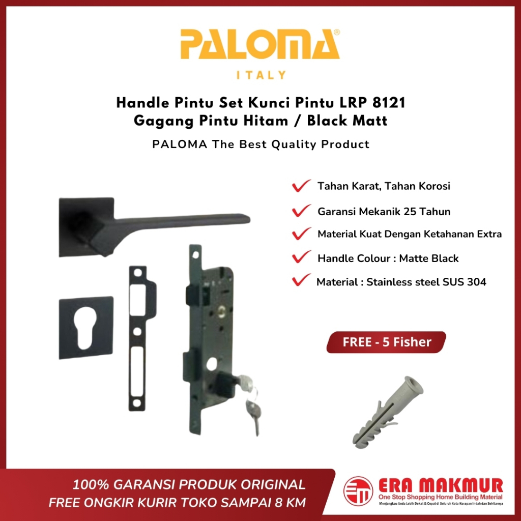 PALOMA - Handle Pintu Set Kunci Pintu LRP 8121 Gagang Pintu Hitam