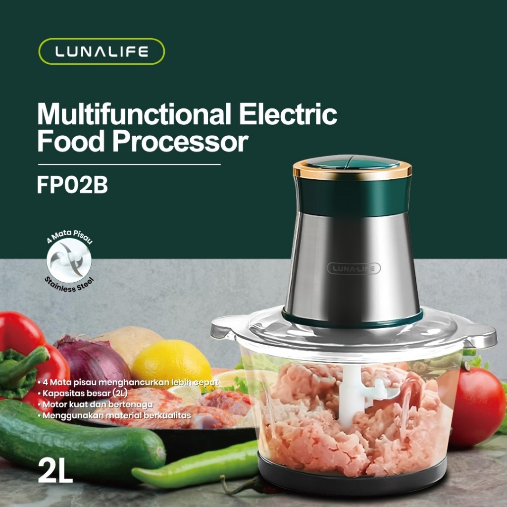 LUNALIFE Food Chopper FP02B Chopper Kaca 2L Penggiling Daging Multifungsi 300Watt Pisau Dapat