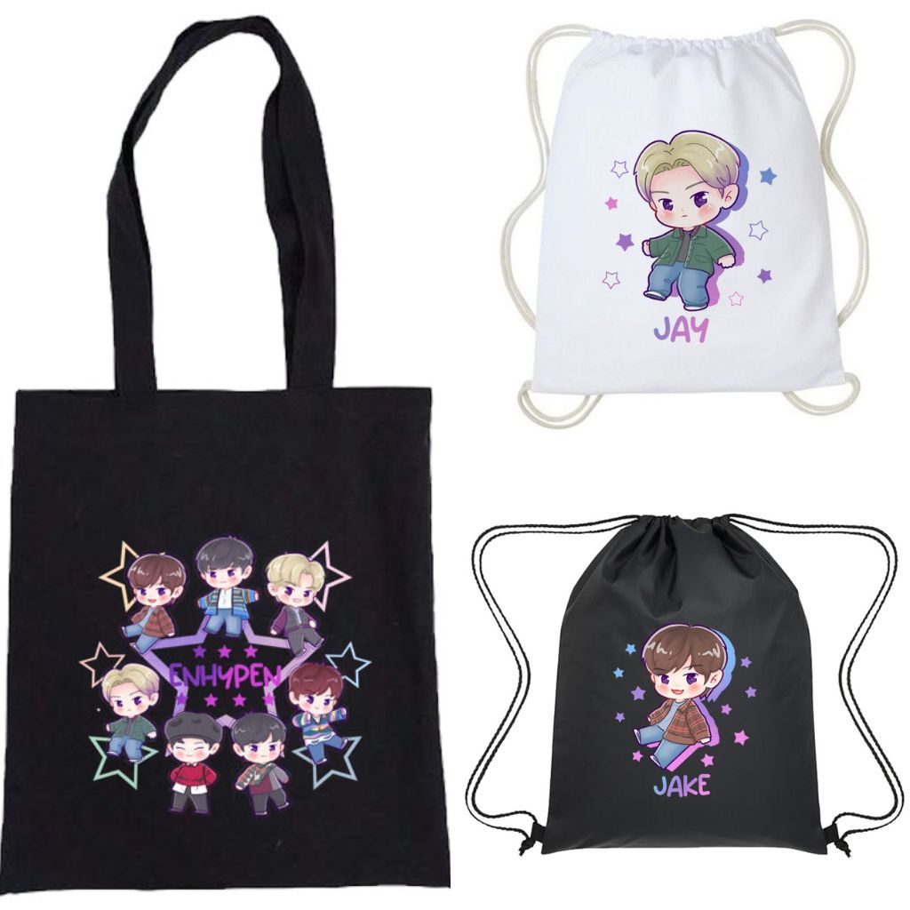 Totebag Enhypen Chibi Lucu Kpop Korea Tas Serut Kanvas Wanita Aesthetic Jake Jay