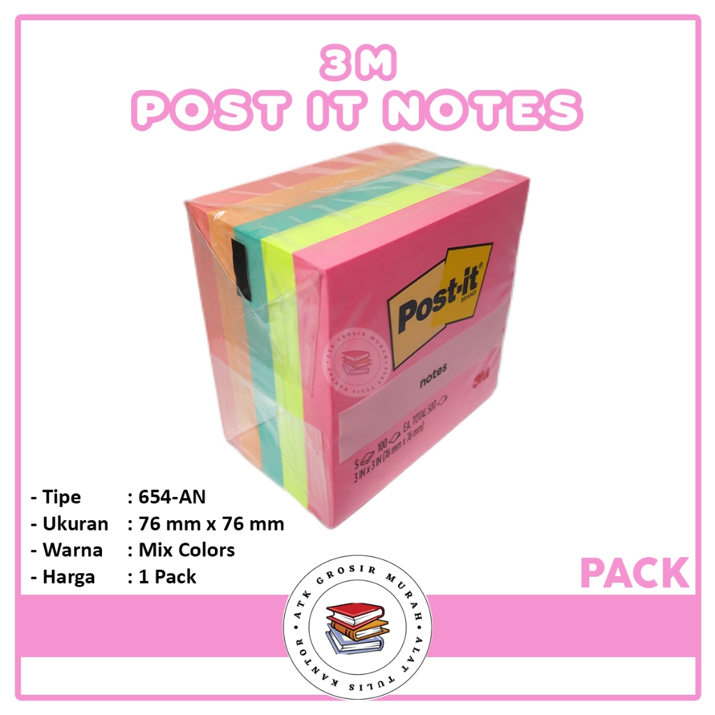 

3M - Post It Sticky Notes 654-5AN Memo 5 Warna 76x76mm - PACK