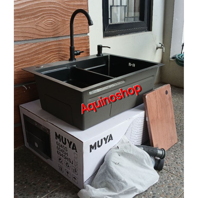 Paket komplit wastafel bak cuci piring 1 lubang MUYA kitchen sink stainless Hitam ukuran 60cm×45cm×2