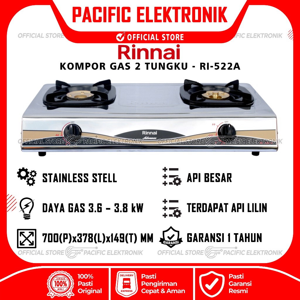 Kompor Gas Rinnai Stainless RI-522A / RI522A / 522A