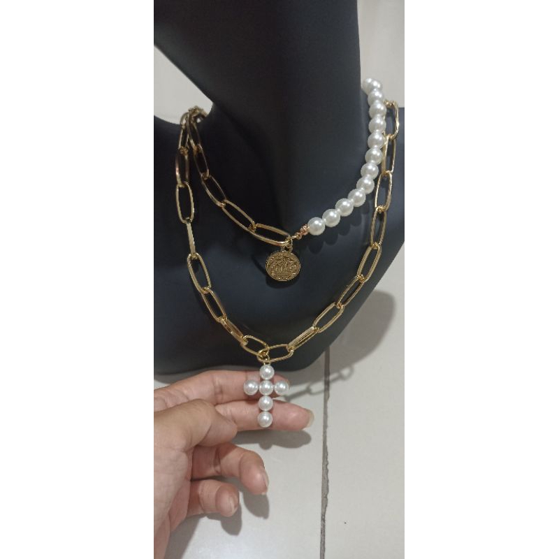 livine fashion aksesoris premium kalung import salib mutiara