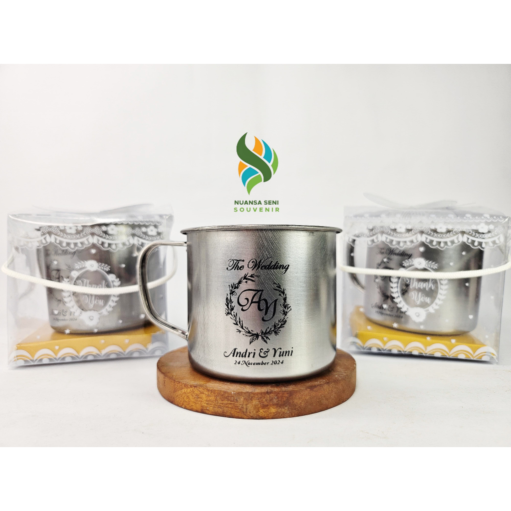 Souvenir Pernikahan Gelas Minum Mug Enamel Stainless Cangkir Kopi Jadul Tumbler Vintage Sablon