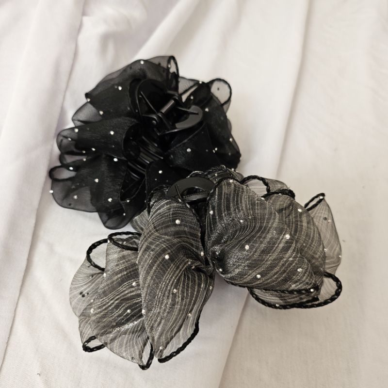 Jepit Rambut Jedai Cepol Hijab Wanita ala Korea Kriwul Motif Polkadot Bintik Putih Bentuk Pita #3