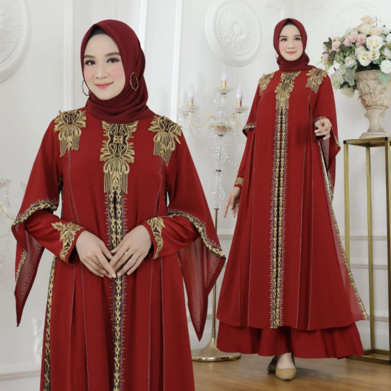 Gamis Abaya Turkey Maroon Bahan Jersey Mix Ceruty Bordir / Baju Busana Maxi Dress Muslim Wanita - Ro