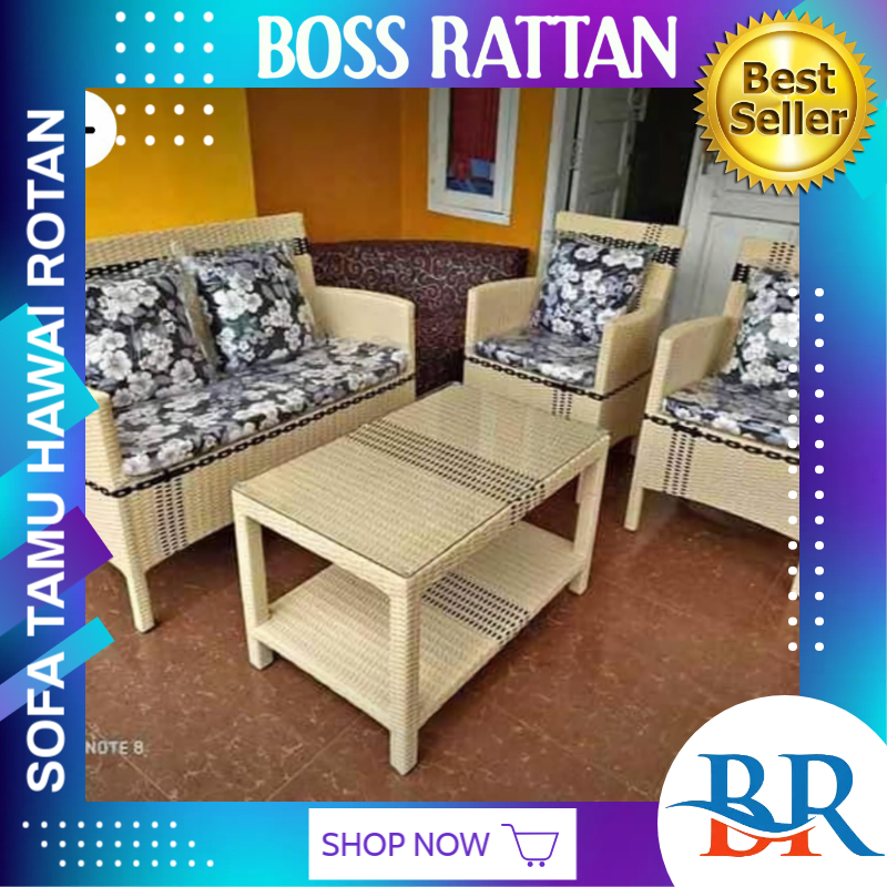 1 Set Kursi Korsi Bangku Sofa Sopa Hawai Santai Rotan Rattan Sintetis Furniture Set Meja Panjang Ter