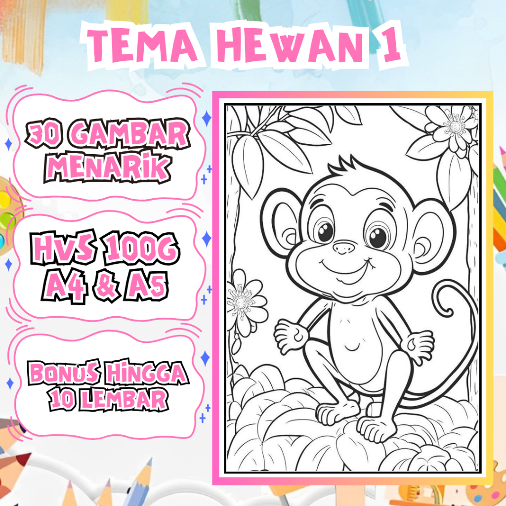 

Kertas mewarnai coloring sketsa A5 & A4 (Hvs 100gsm) Tema Hewan 1