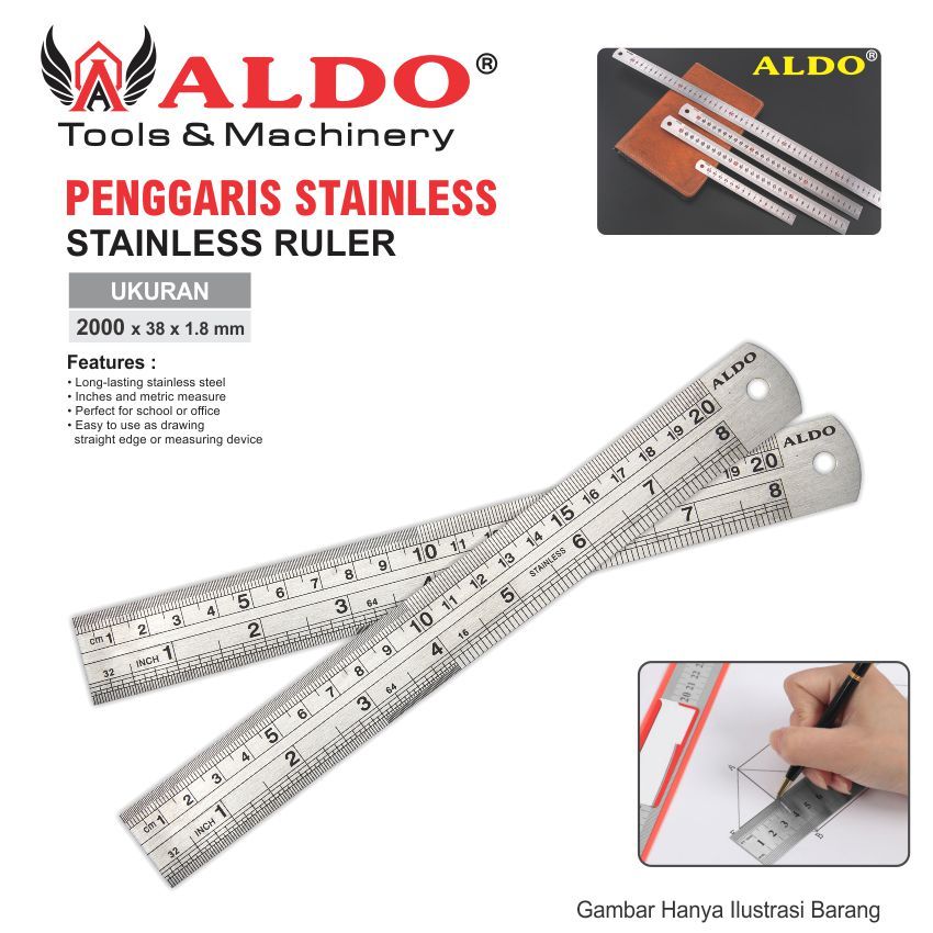 

PENGGARIS STAINLESS 200 CM / STAINLESS RULLER 2 METER / PENGGARIS BESI MERK ALDO