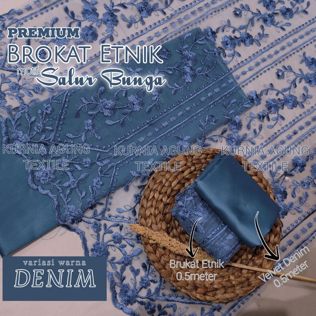 ½ Meter Kain Brokat Tulle Bordir Motif Salur Bunga warna DENIM BLUE Bahan Brukat Bridesmaid Wisuda S