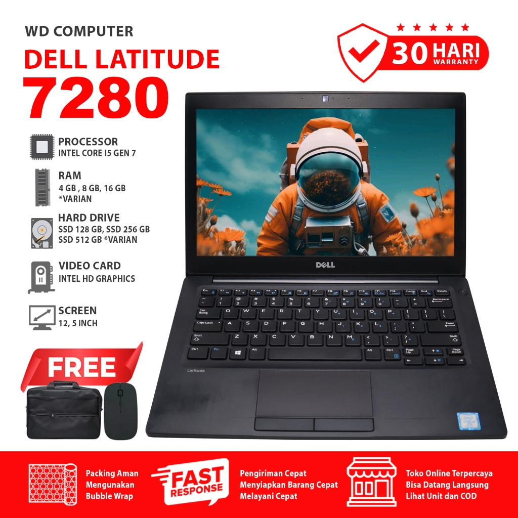 Laptop Dell Latitude 7280 core i5 gen 7 | Layar 12 inch | Bonus Tas dan Mouse