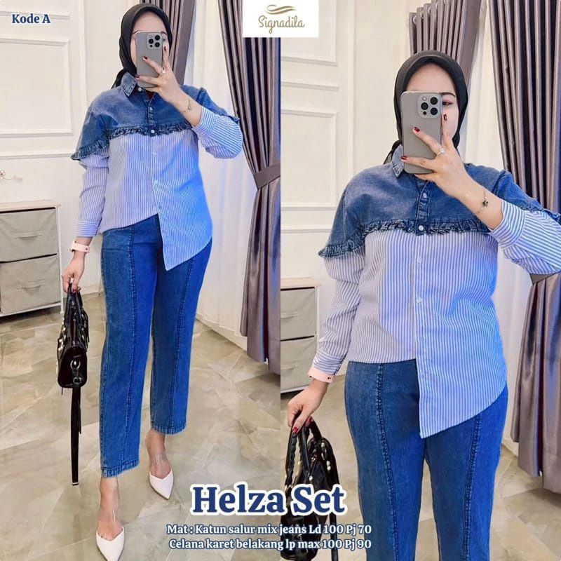 Ready siap kirim promo Helza Set jeans mix Katun salur , bisa COD, molita set , Tabita Fashions Pere