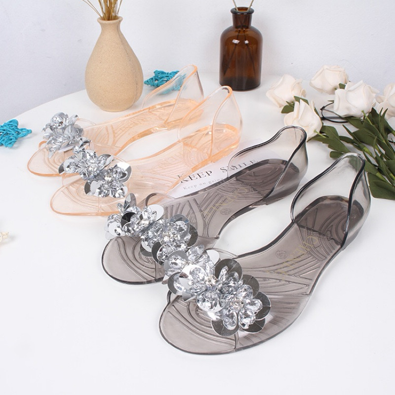 Sandal Kaca Bening Flatshoes Tiga Bunga Kristal Lentur Anti Slip Alina 186-45
