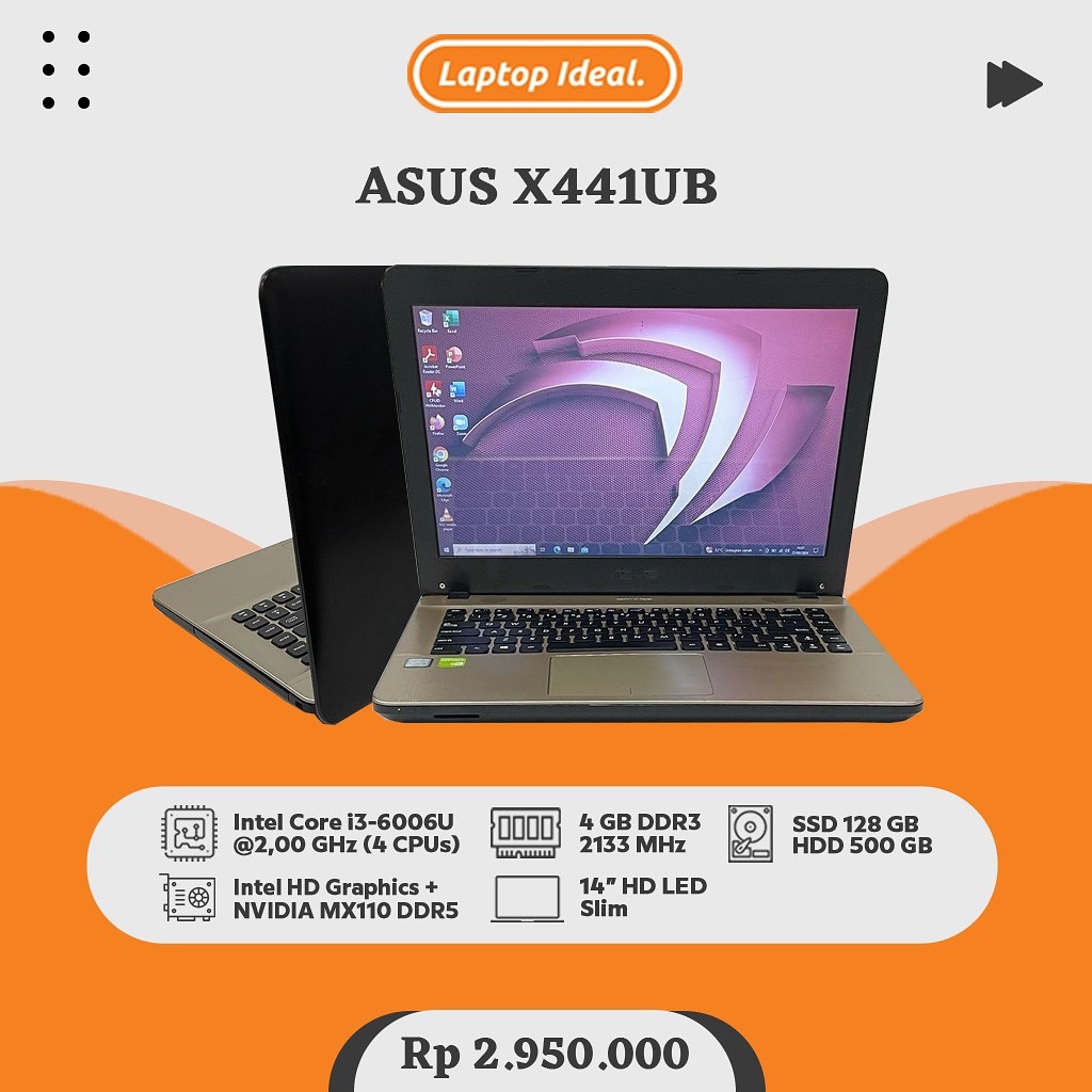 ASUS X441UB (2017) GAMING i3 gen 6 RAM 4 GB DDR4 SSD 128 GB+HDD 500 GB DUAL VGA NVIDIA 2 GB DDR5 MUL