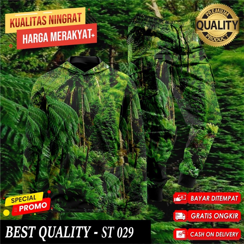 Setelan Baju Camo Hoodie Berburu Hunting Baju Berburu Hutan Kamuflase 1 Set Buff Celana Camo ST