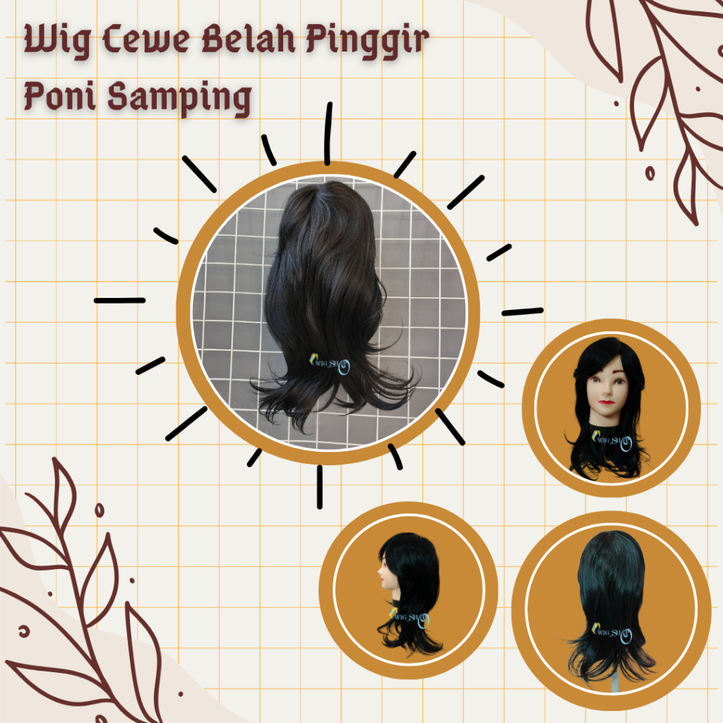 Wig Cewe Belah Pinggir Poni Samping / Wig Rambut Panjang