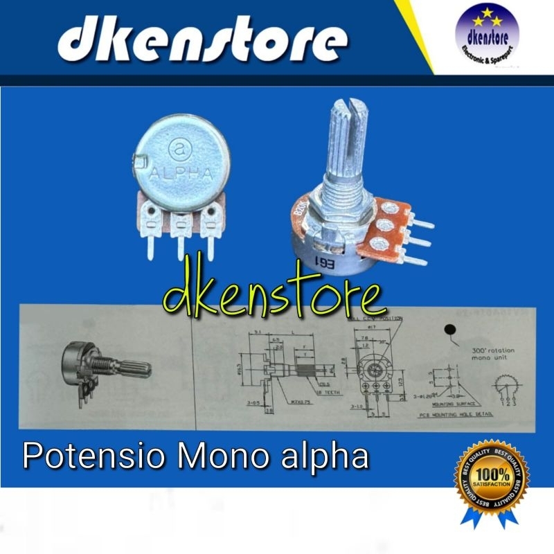 Potensio alpha Mono 50K 100K 3pin 3 kaki potensiometer B50k B100K ohm ORI Asli Bagus