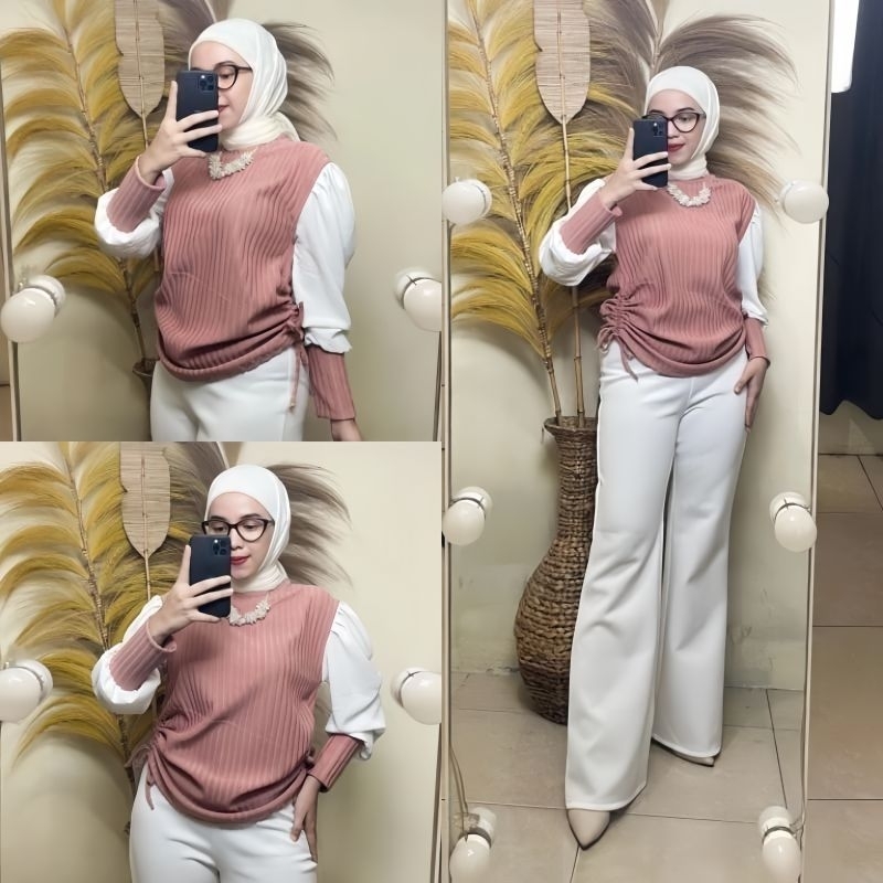 Atasan Serut Terbaru Lengan Balon Knit Rajut KoreanStyle Blouse Puffy Tali Samping Kiri Kanan