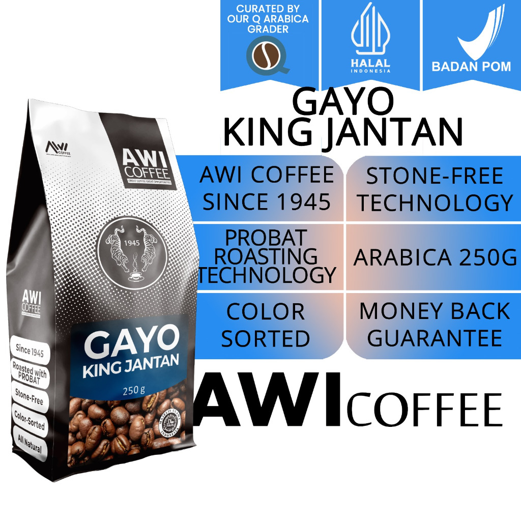 

Awi Kopi Gayo KING JANTAN 250Gr Bubuk | Arabica Peaberry Powder | Aceh Organic Specialty Coffee