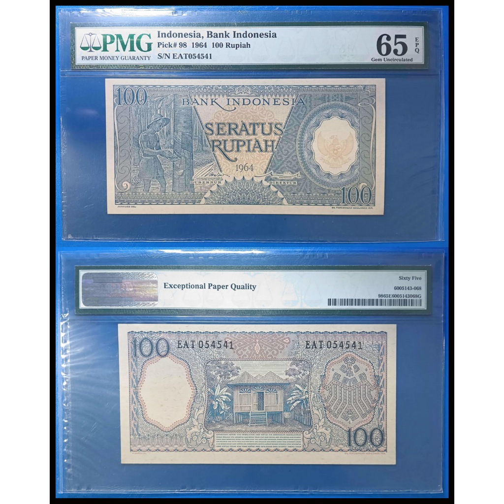 Uang kuno PMG 65 EPQ - 100 Rupiah (biru) tahun 1964 seri Pekerja-2