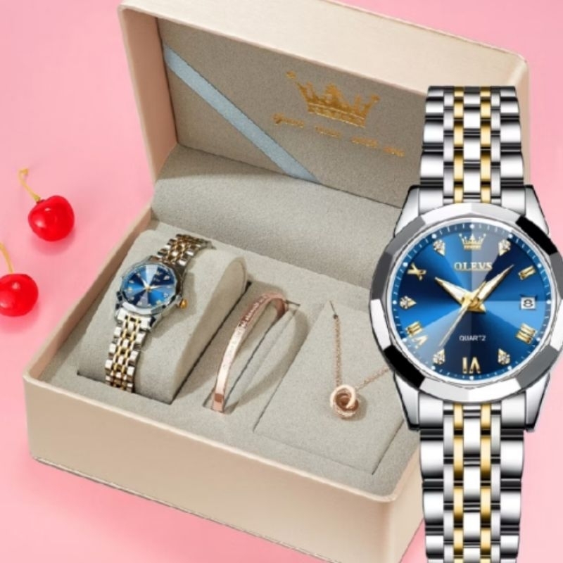 Jam Tangan Wanita Original Olevs 5563 + Gelang + Kalung Set Korea Luxury Stainless Steel Women Watch