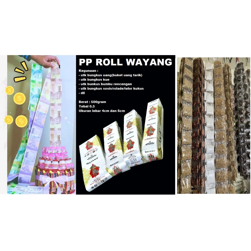PLASTIK PP ROLL WAYANG PLASTIK BUMBU RENCENG BUKET TARIK UANG ROL bening panjang tanpa pemutus 4cm 5