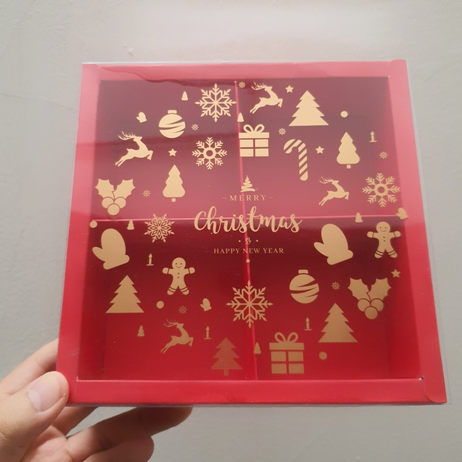 

5 pcs mika natal kemasan fruitpie sekat isi 4 ukuran 8x8x4cm warna merah christmas