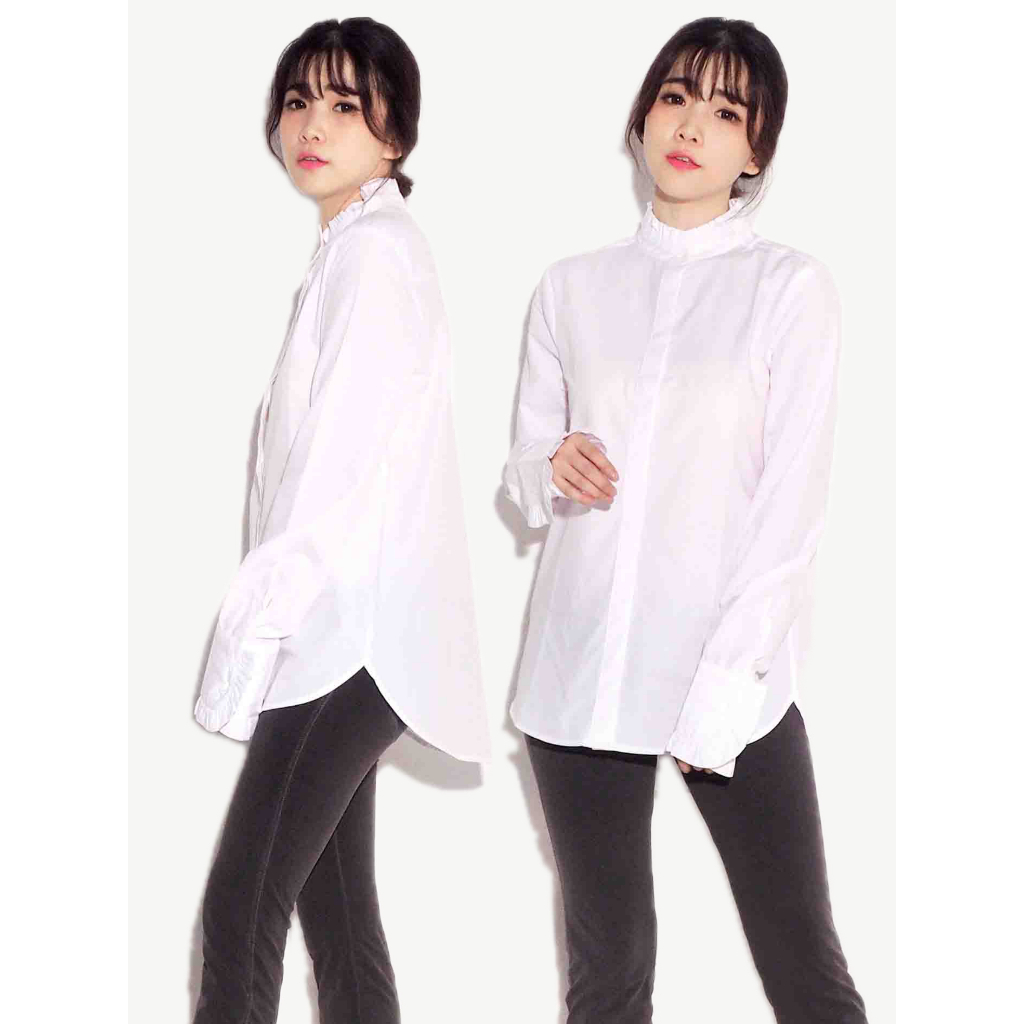 H&M Frill Trim Stand-Up Collar Shirt - Baju Atasan Kemeja Wanita Putih Polos Lengan Panjang Branded 
