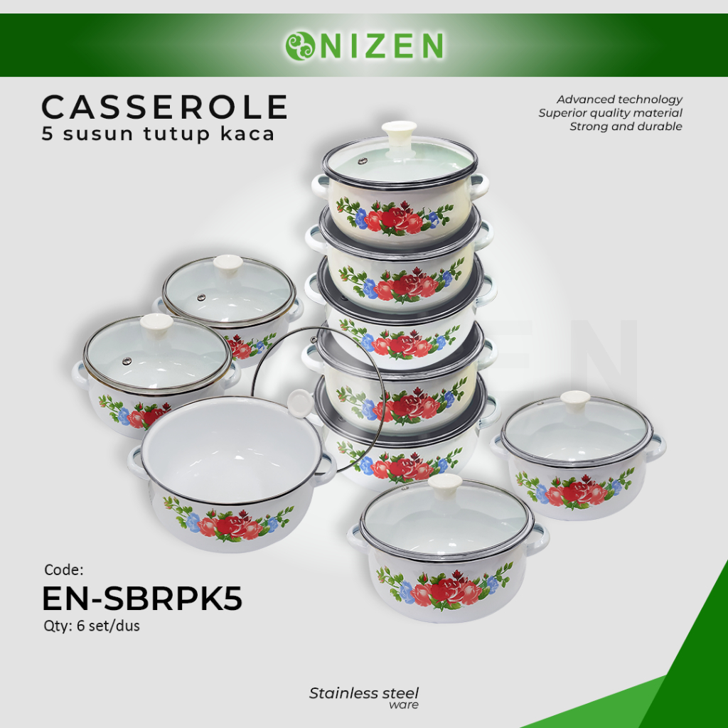 Panci Enamel set 5 pcs tutup kaca motif bunga