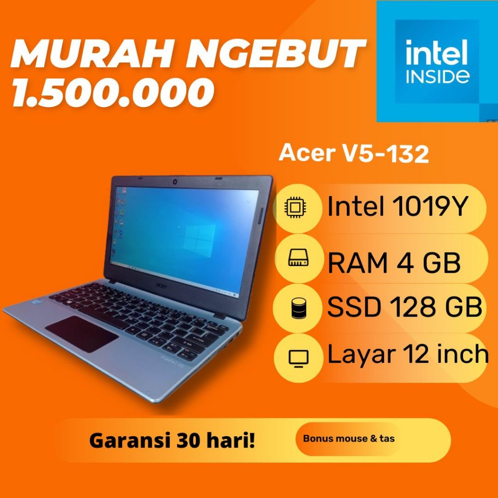 Acer V5-132 Biru  12 inch Intel celeron1019Y  RAM 4GB SSD 128GB Windows 10 Notebook Slim Tipis Secon