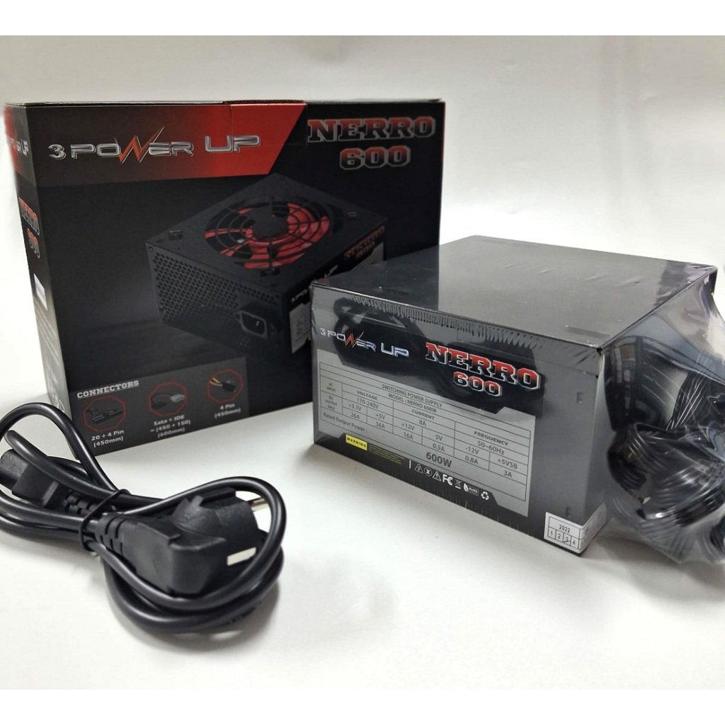 Power Supply 3Power Up Nerro 600, PSU 500W Merah Fan 12cm