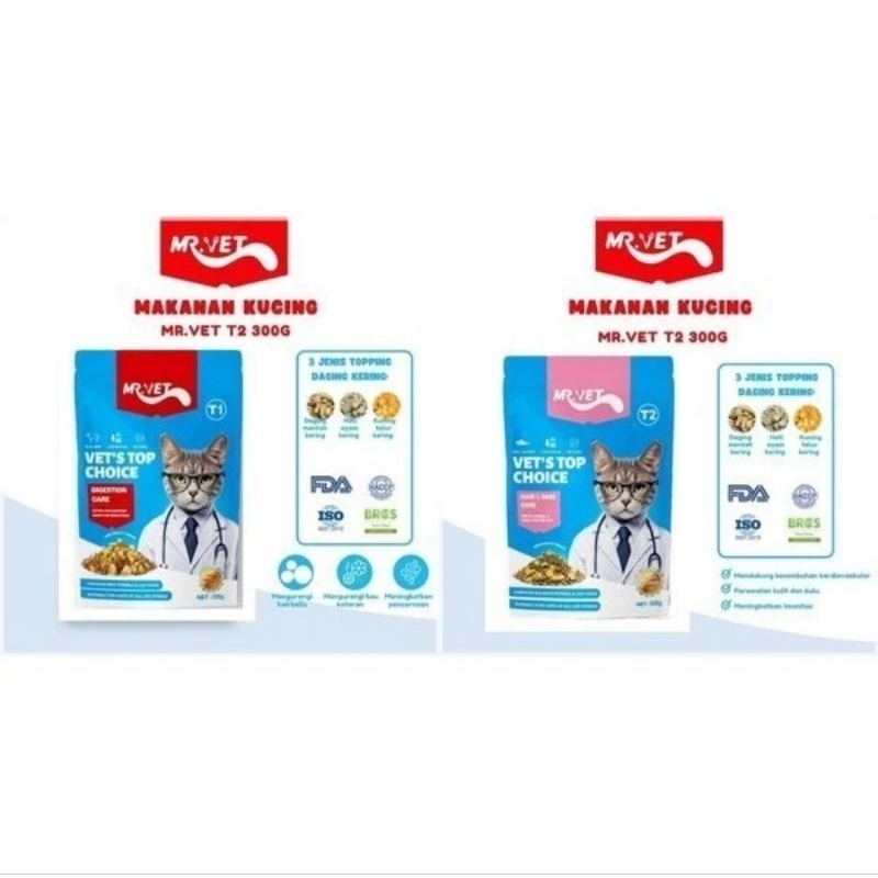 Mr. VET Makanan Kucing Kering Premium Mr. Vet T1 untuk Digestion Care DAN Mr. Vet T2 untuk Hair & Sk