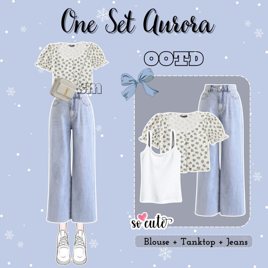 One Set Aurora OOTD Wanita Murah 3in1 Blouse Crop Top Floral Tanktop Putih Tali Celana Jeans Kulot