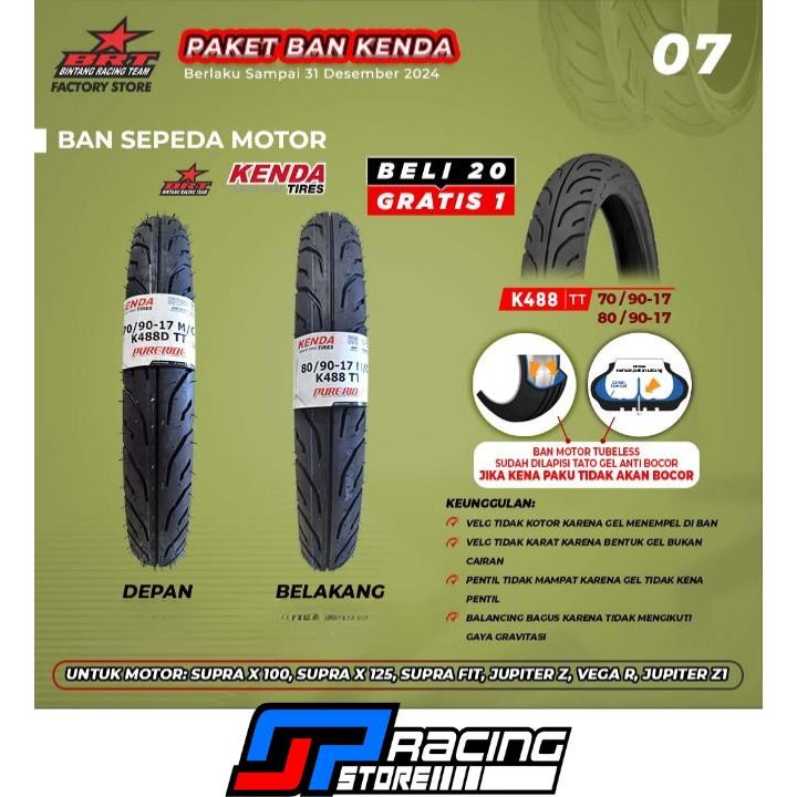 Ban Motor Kenda BRT Tubeless Honda Supra X 100/X 125/Supra Fit - Yamaha Jupiter Z/Z1/Vega R-K488D TL