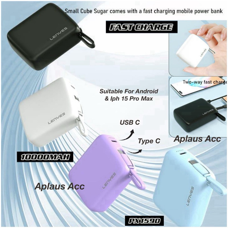 Powerbank LENYES PX159D super mini Powerbank 10.000Mah Fast Charging 22.5W Built In Cable Type C Output