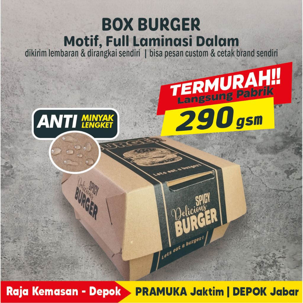 

BOX BURGER MOTIF KRAFT LAMINASI 10x10x7,5cm