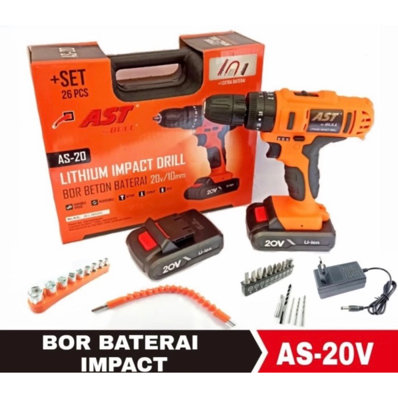 Bor Cordless Set 20V AST - Bor Charge - Bor Baterai Beton Besi 20 V